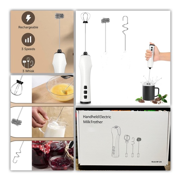 Other - NEW Handheld Electric 3-Speed USB Rechargeable Milk Frother With 3 Attachments